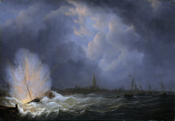 Nautical Oil Paintings - Historic Gunboat Explosion off Antwerp - Oil Painting Haven