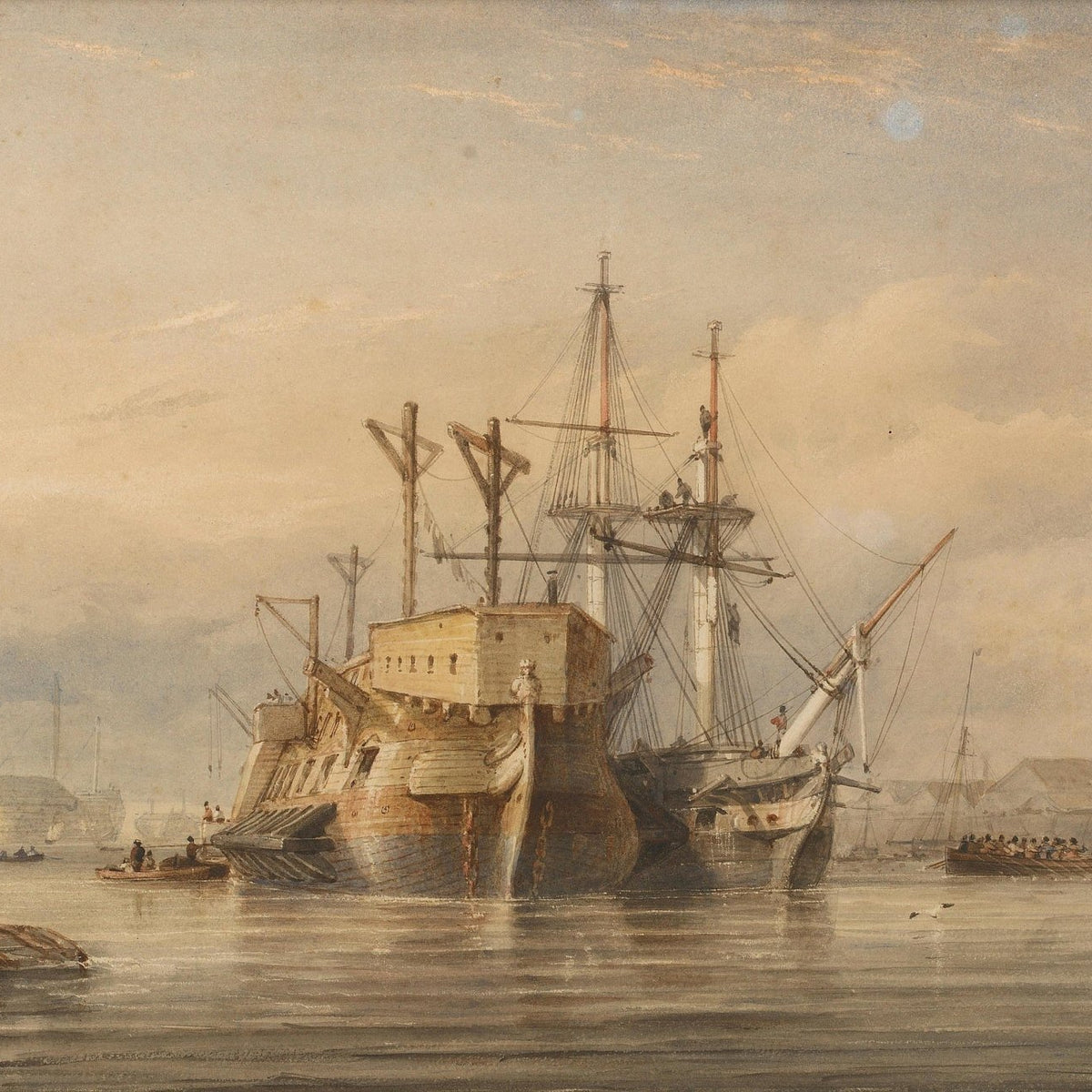Hand-painted historic harbor ships at quiet dawn nautical oil painting on canvas