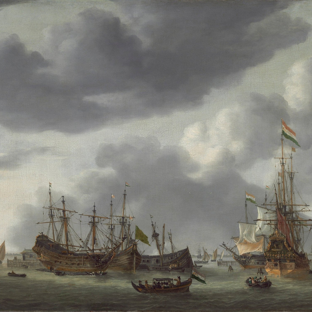 Hand-painted historic harbor ships under storm sky nautical oil painting on canvas
