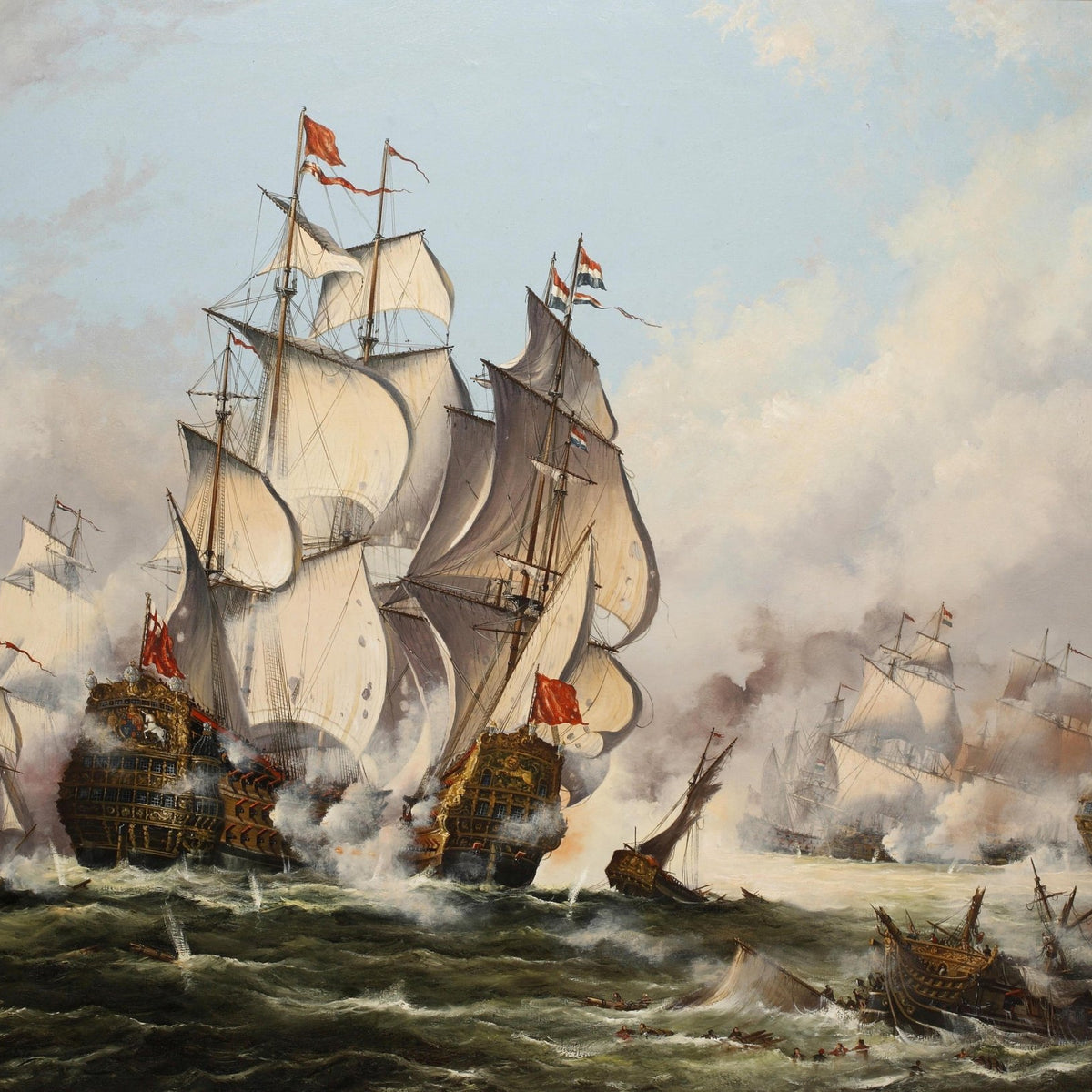 Hand-painted historic naval battle on stormy sea nautical oil painting on canvas