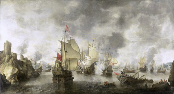 Hand-painted historic naval battle with warships nautical oil painting on canvas