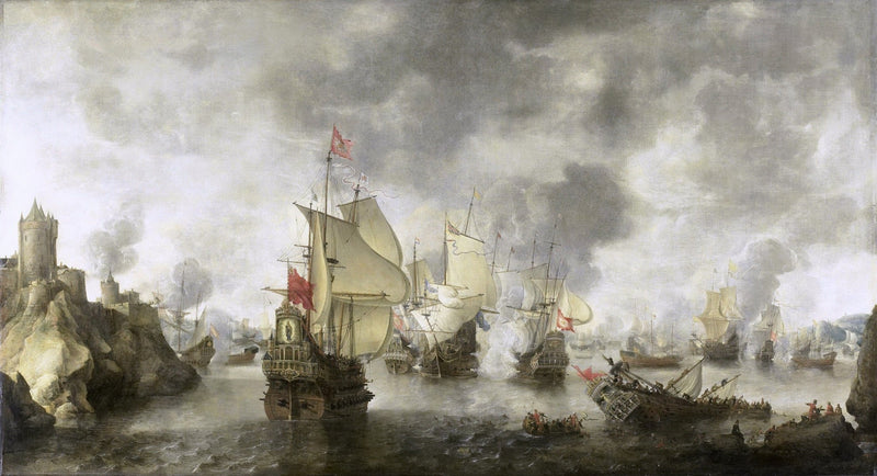 Hand-painted historic naval battle with warships nautical oil painting on canvas
