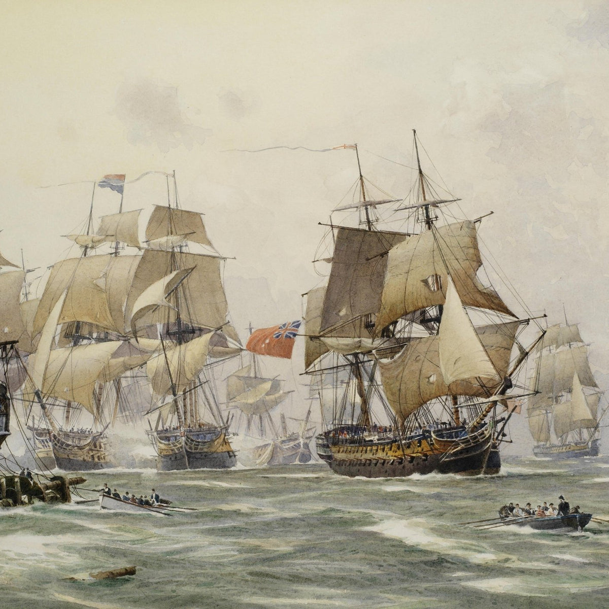 Hand-painted historic naval fleet at sea nautical oil painting on canvas