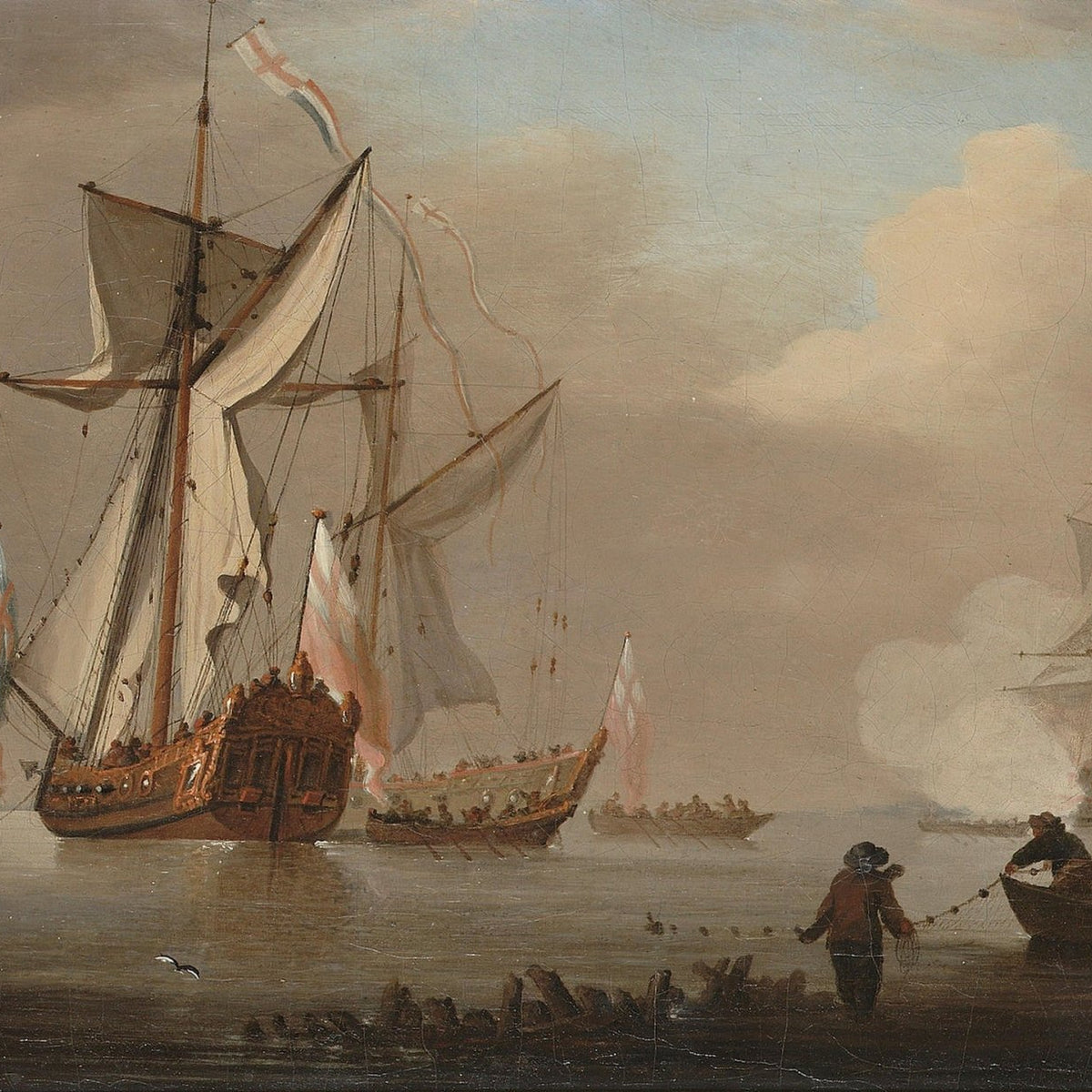 Hand-painted historic ships in misty harbor nautical oil painting on canvas