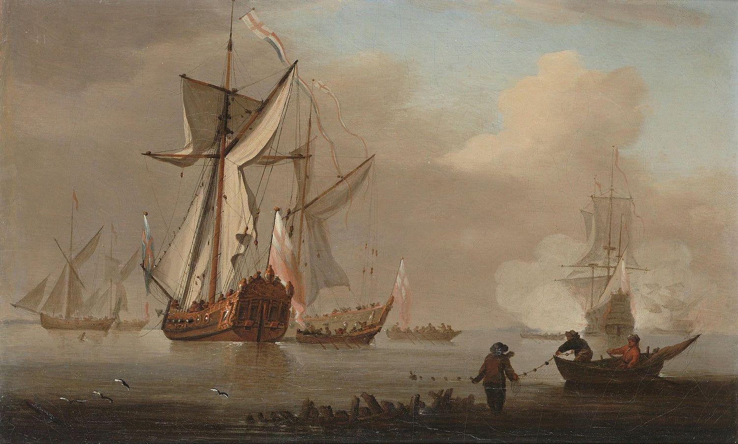 Hand-painted historic ships in misty harbor nautical oil painting on canvas