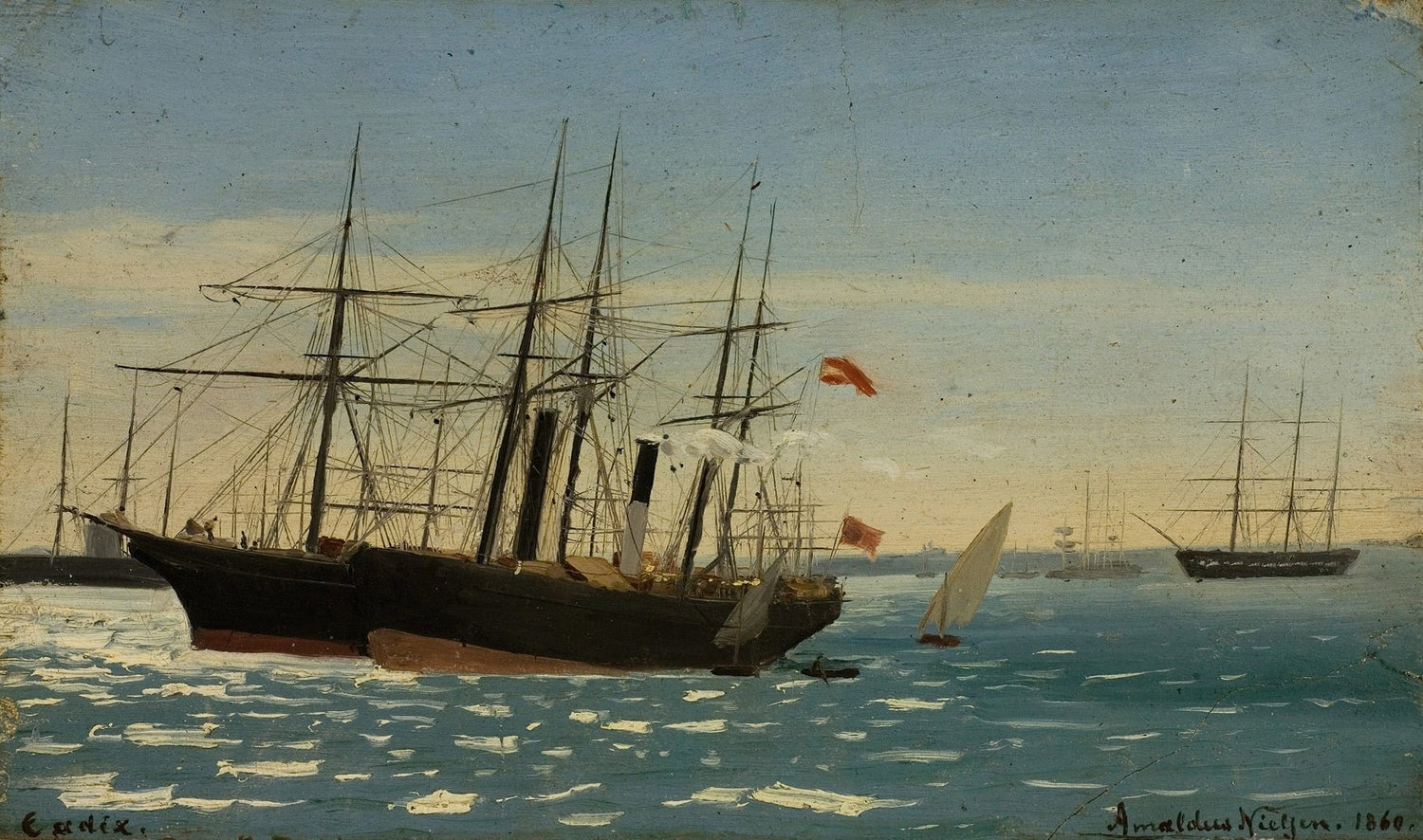 Hand-painted historic steamships at harbor nautical oil painting on canvas