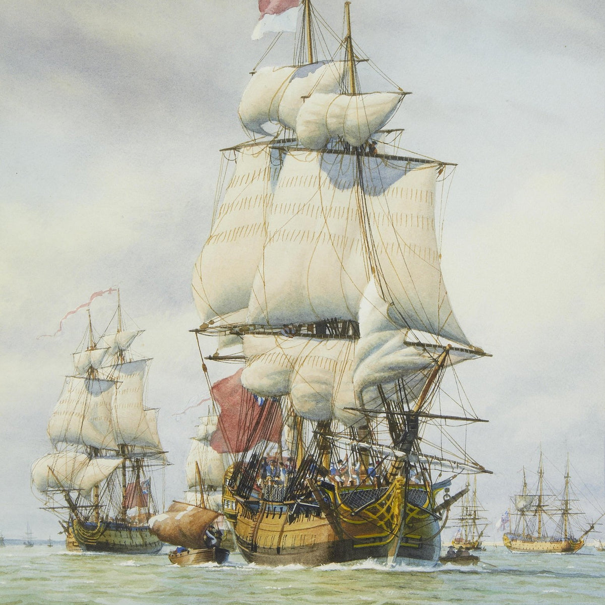 Hand-painted historic tall ships fleet on calm sea nautical oil painting on canvas