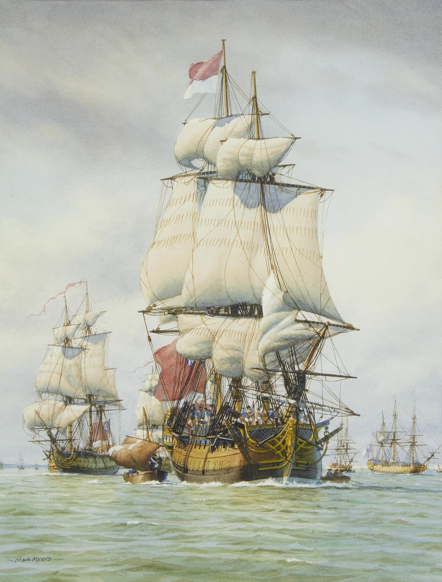 Hand-painted historic tall ships fleet on calm sea nautical oil painting on canvas