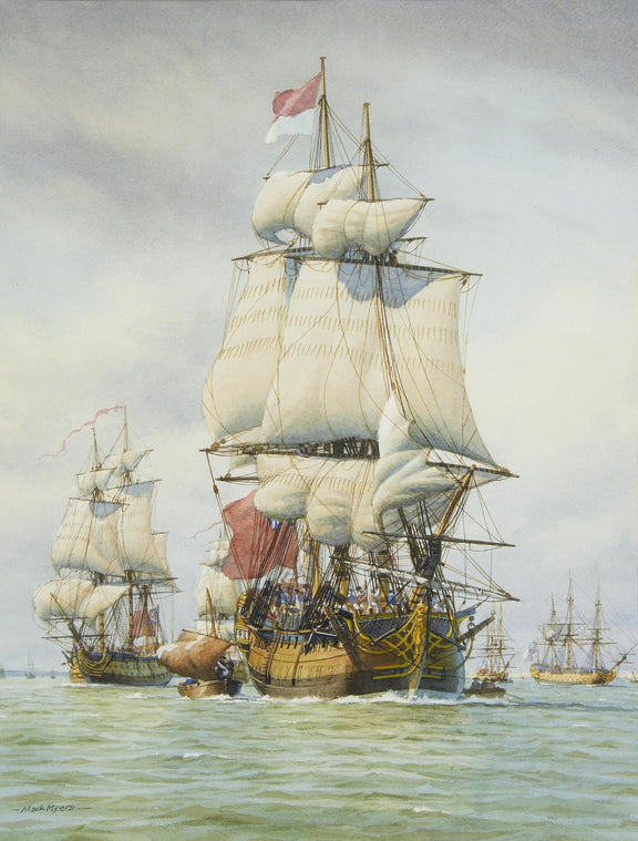 Hand-painted historic tall ships fleet on calm sea nautical oil painting on canvas