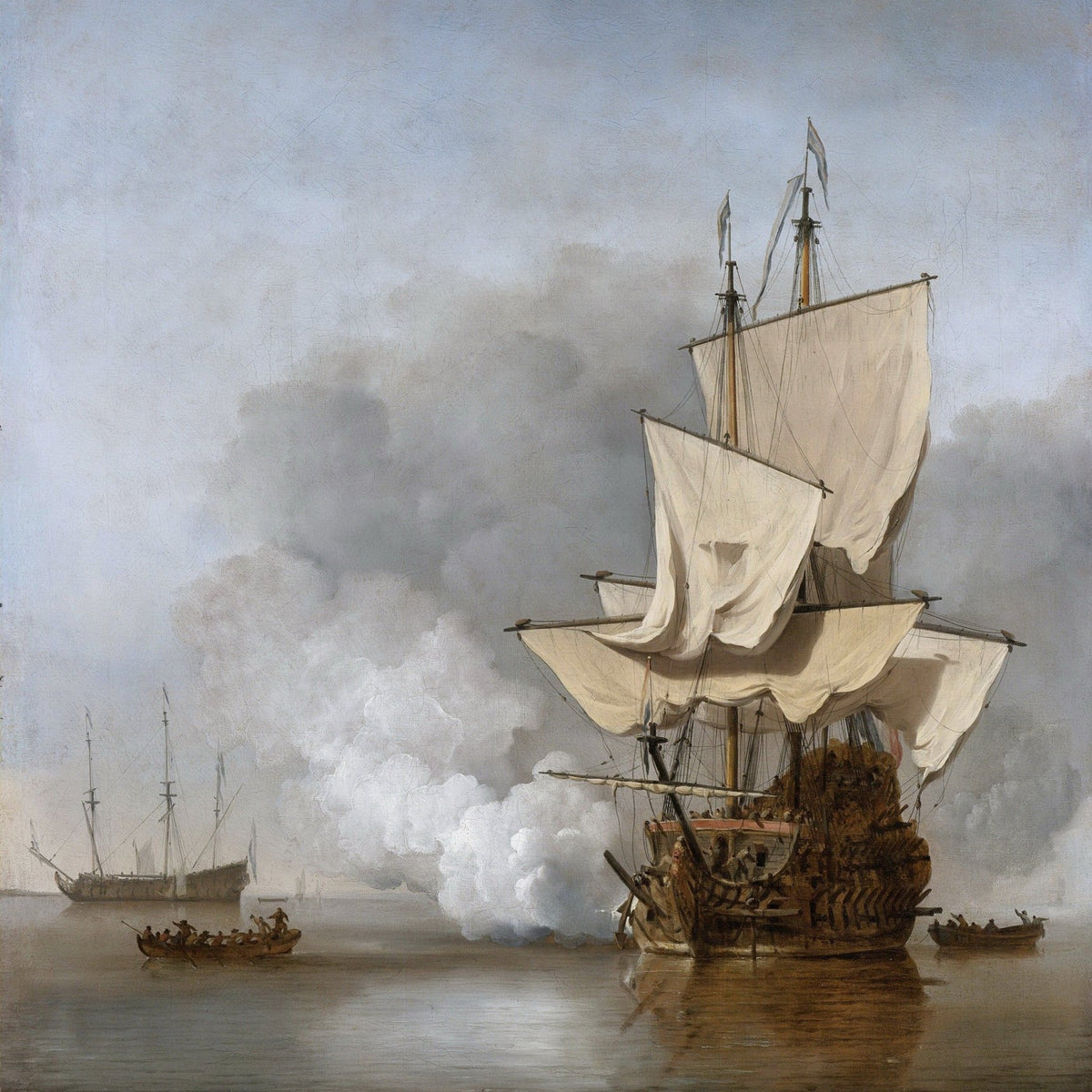 Hand-painted historic warship firing on calm sea nautical oil painting on canvas
