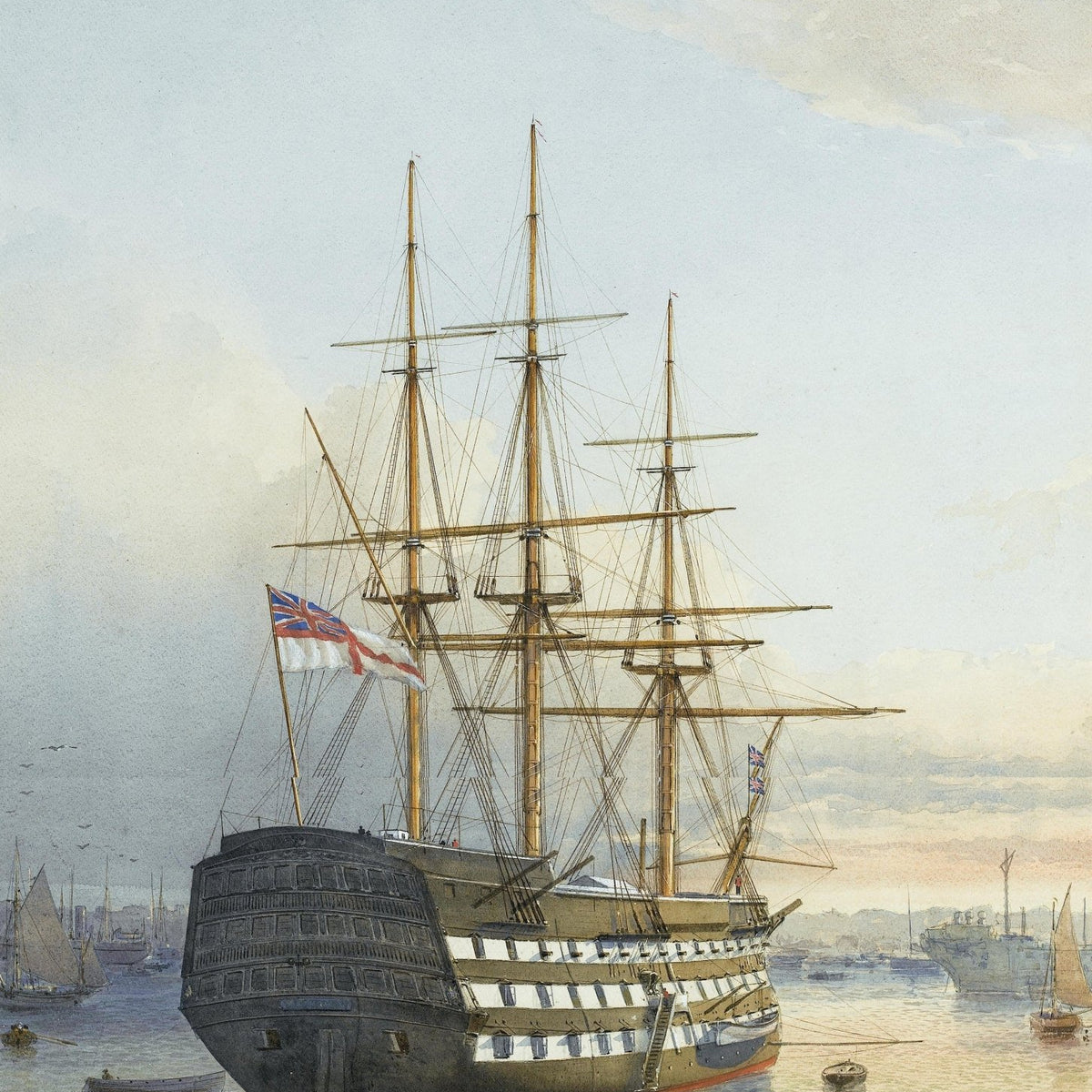 Hand-painted historic warship in calm harbor light nautical oil painting on canvas