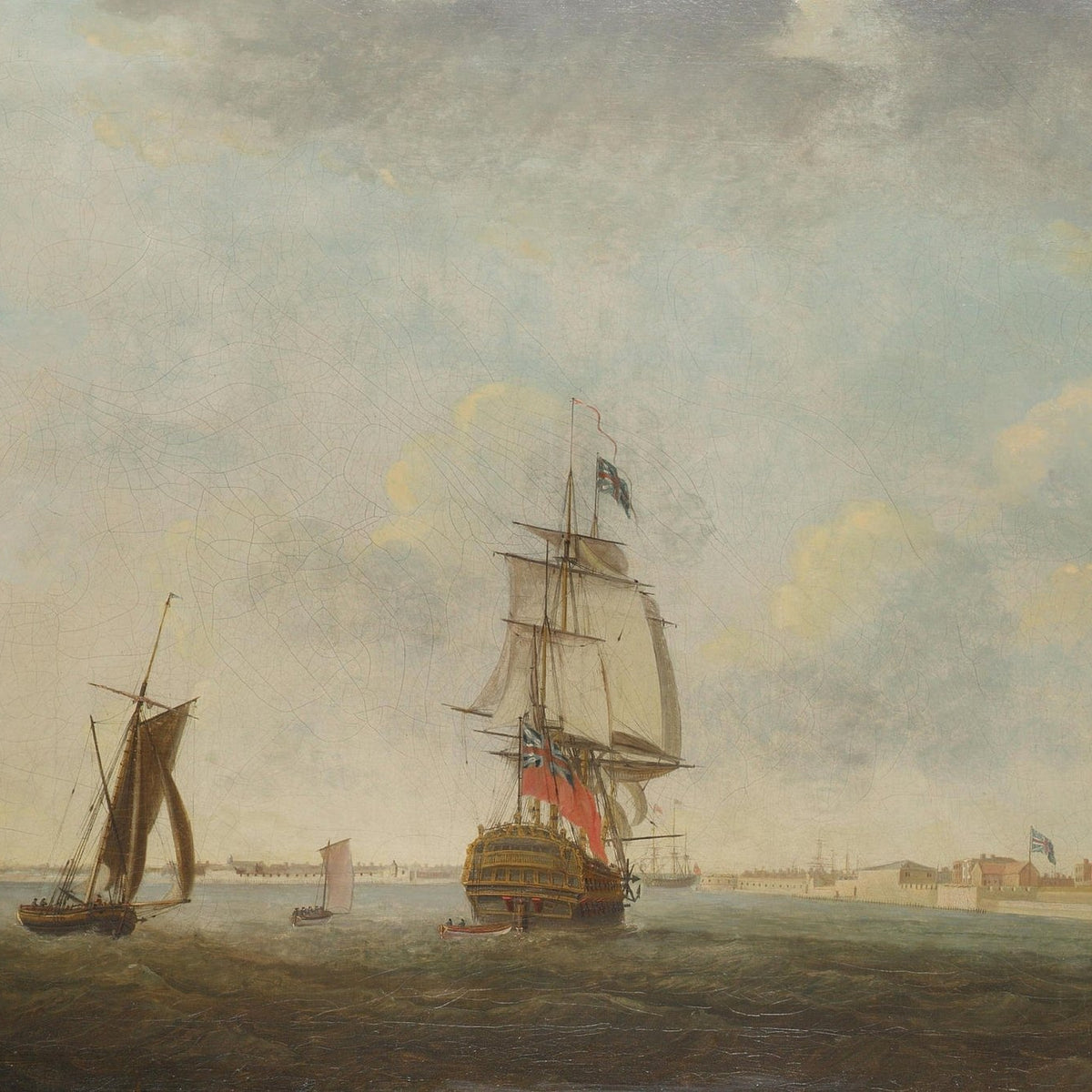 Nautical Oil Paintings - Historic Warship in Harbor with Sails - Oil Painting Haven