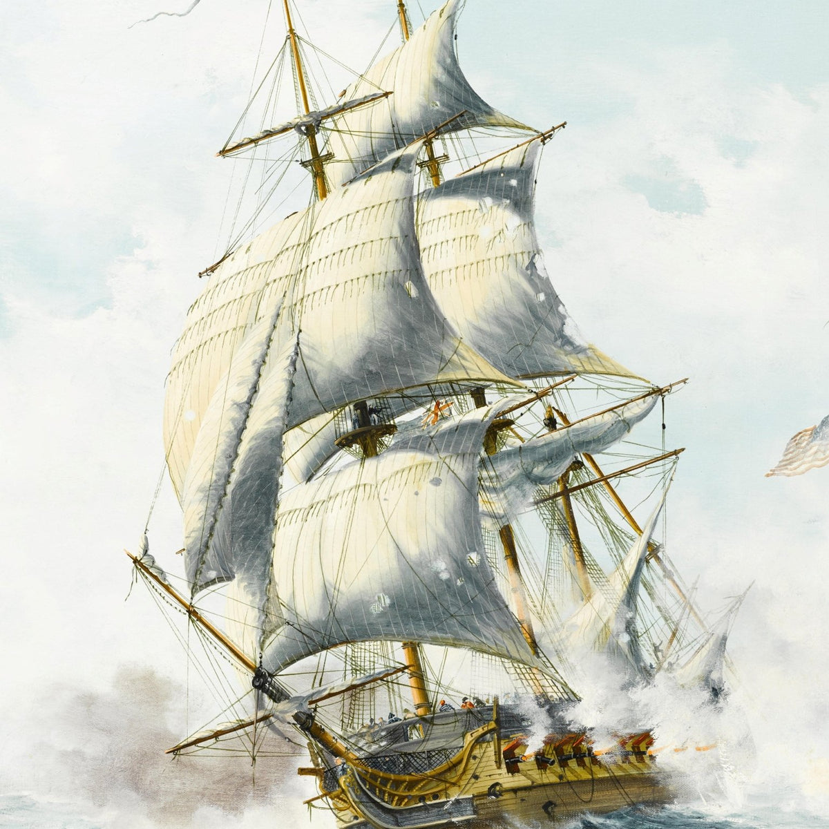 Hand-painted historic warship with white sails nautical oil painting on canvas