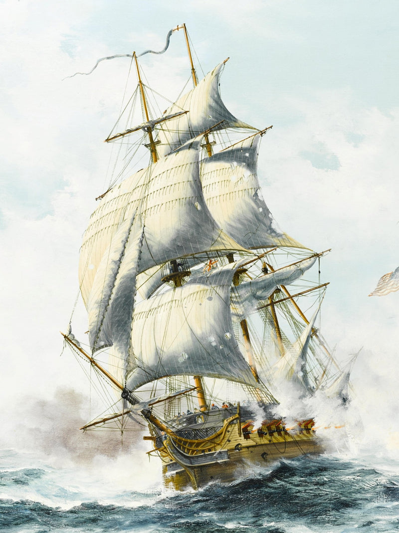 Hand-painted historic warship with white sails nautical oil painting on canvas
