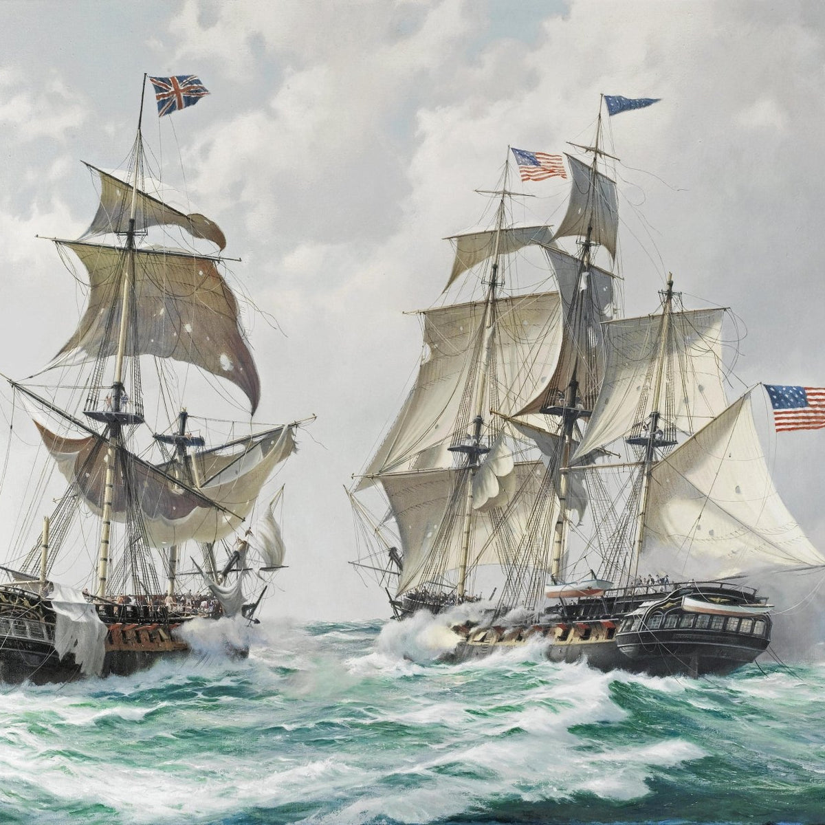 Hand-painted historic warships in choppy green sea nautical oil painting on canvas