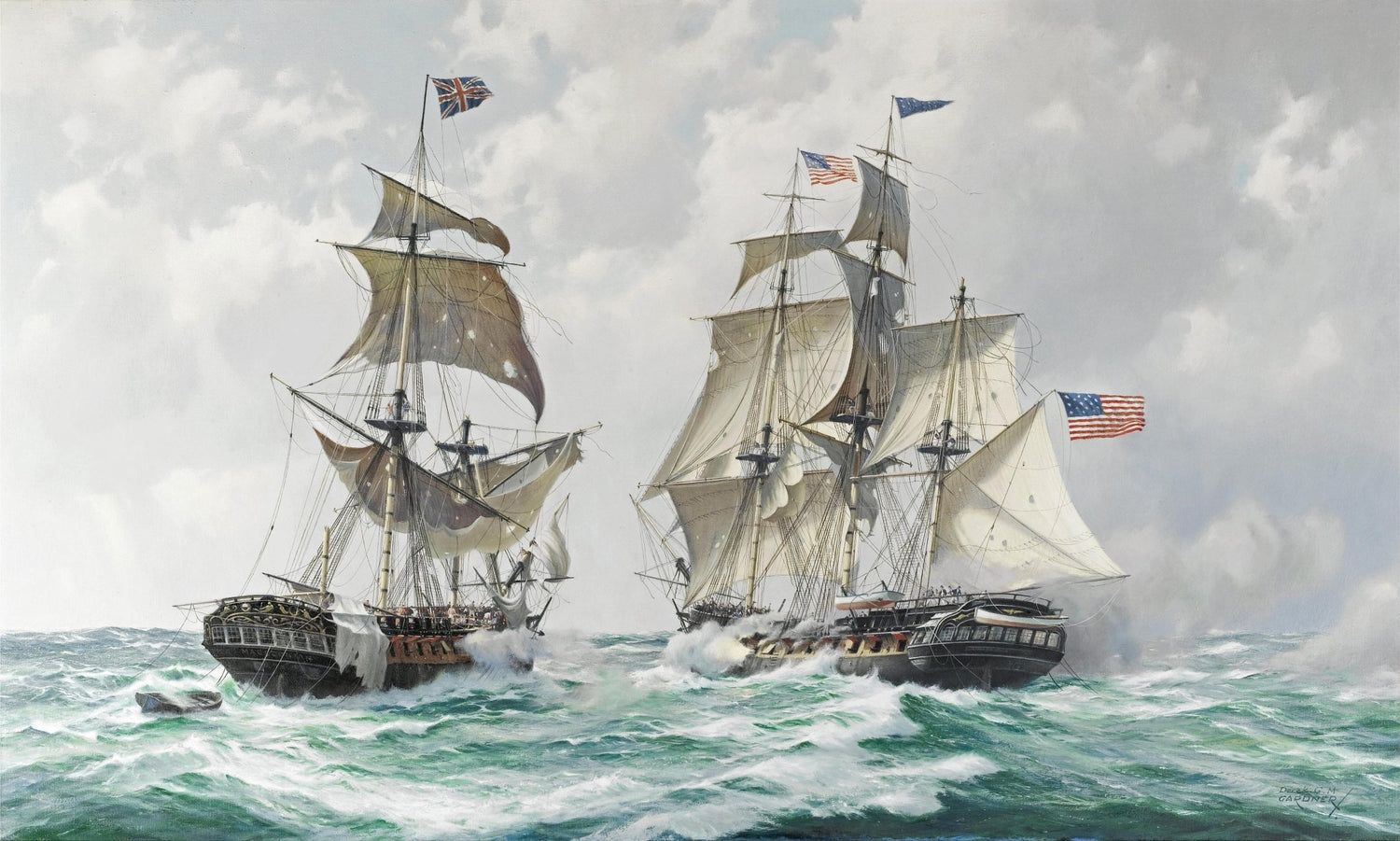 Hand-painted historic warships in choppy green sea nautical oil painting on canvas