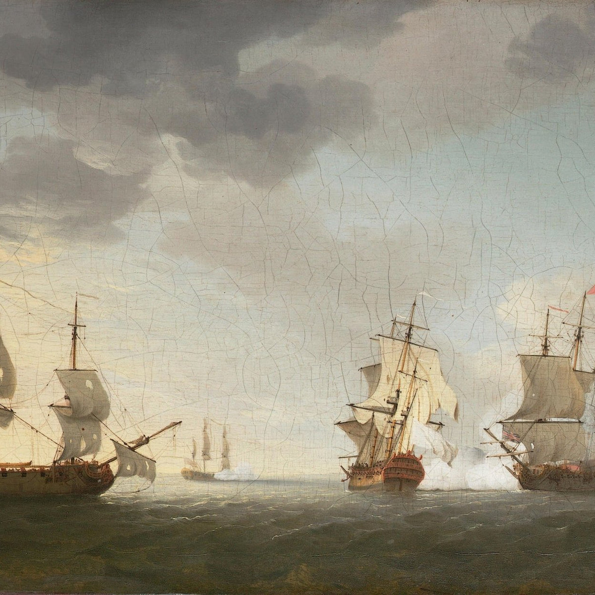 Hand-painted historic warships in sea battle at dusk nautical oil painting on canvas