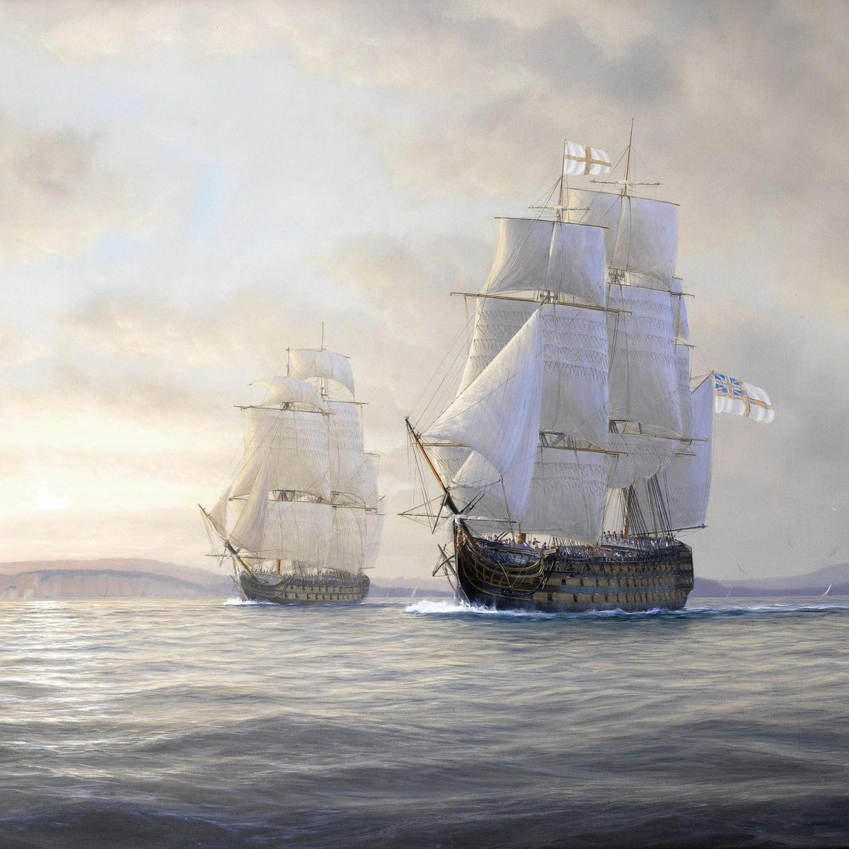 Nautical Oil Paintings - Historic Warships on Calm Sea at Dawn - Oil Painting Haven