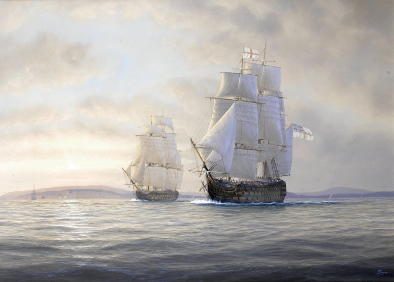 Nautical Oil Paintings - Historic Warships on Calm Sea at Dawn - Oil Painting Haven