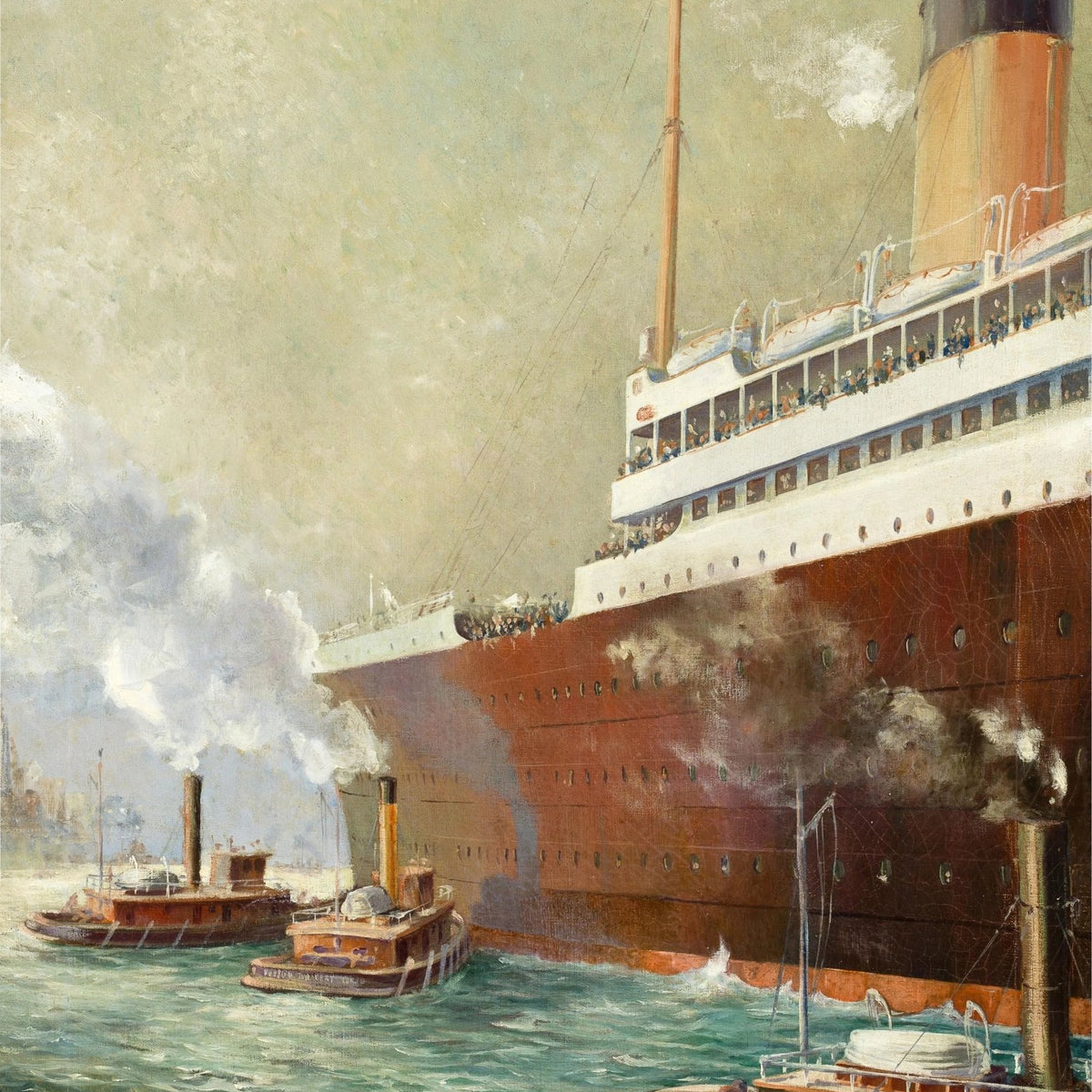 Nautical Oil Paintings: Large Steamship with Tugboats - Oil Painting Haven