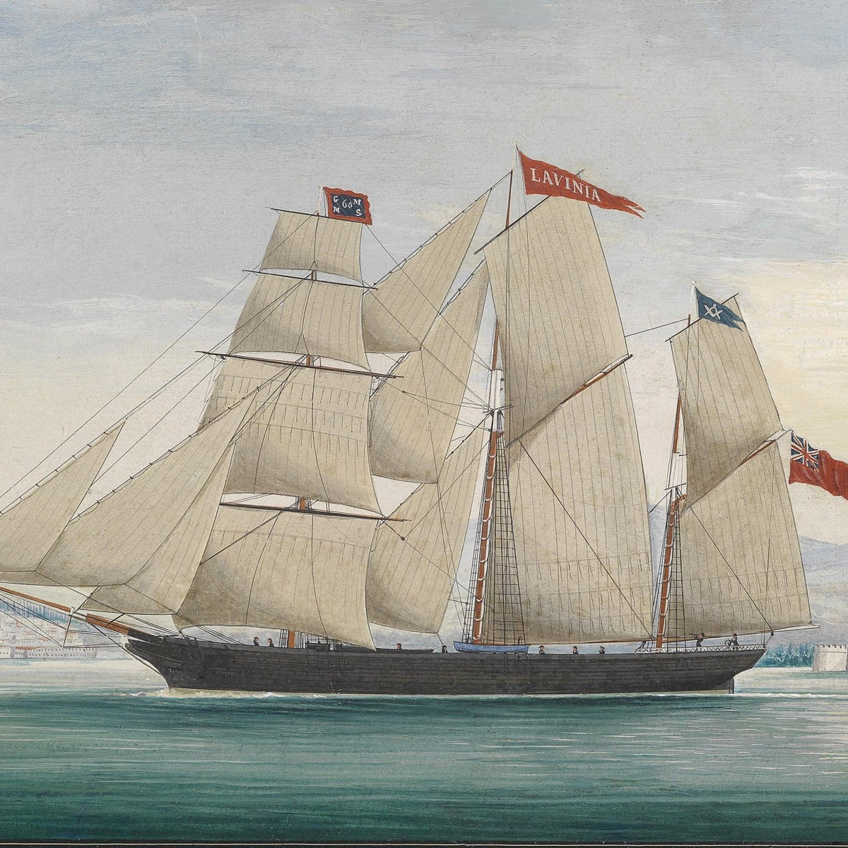 Hand-painted lavinia tall ship at harbor nautical oil painting on canvas