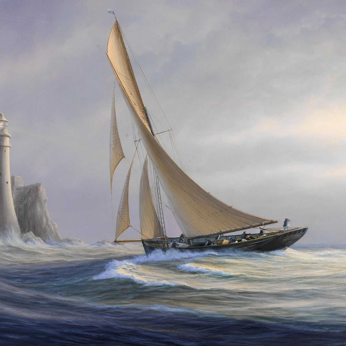 Hand-painted lighthouse and yacht on open sea nautical oil painting on canvas