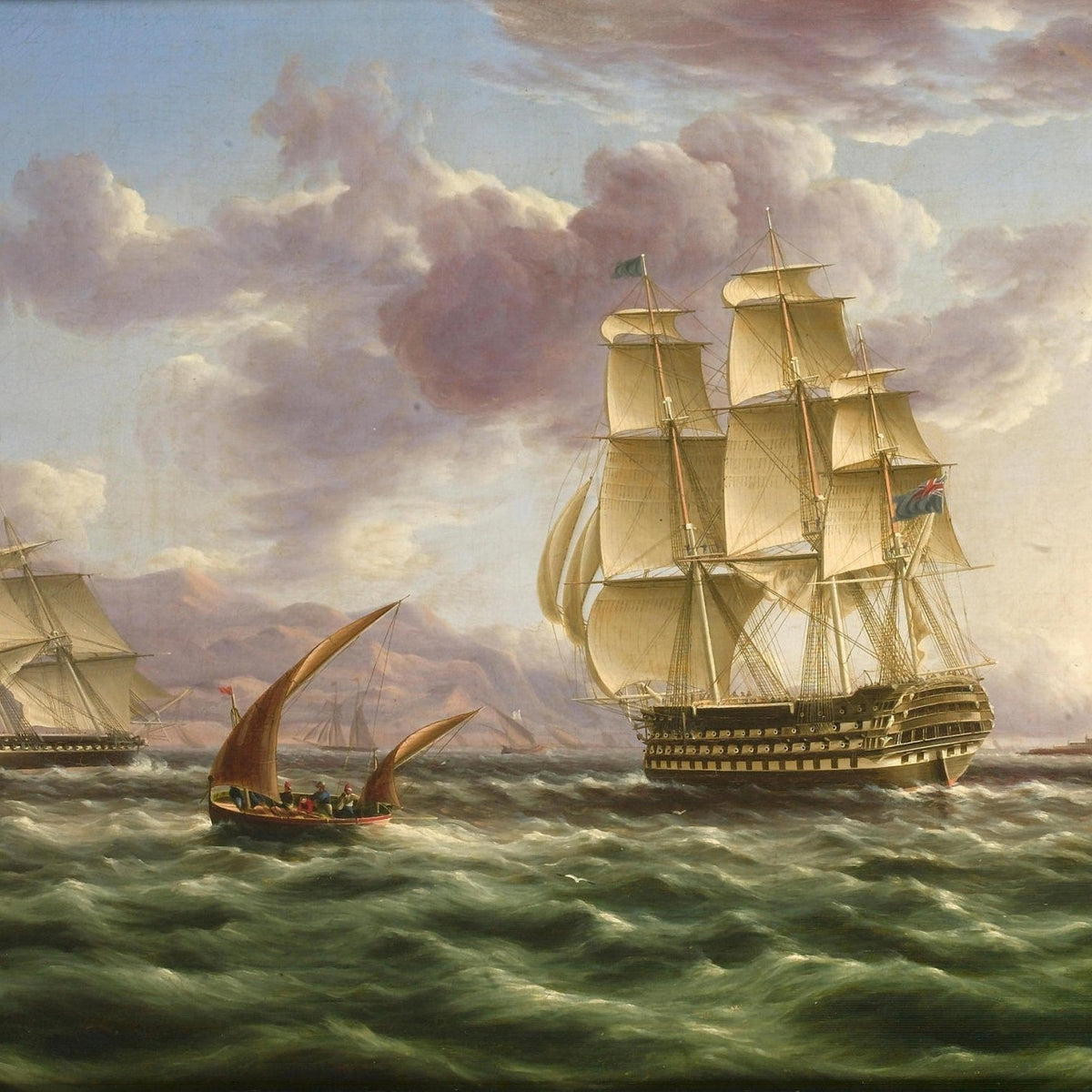 Hand-painted majestic tall ships on sunlit sea nautical oil painting on canvas