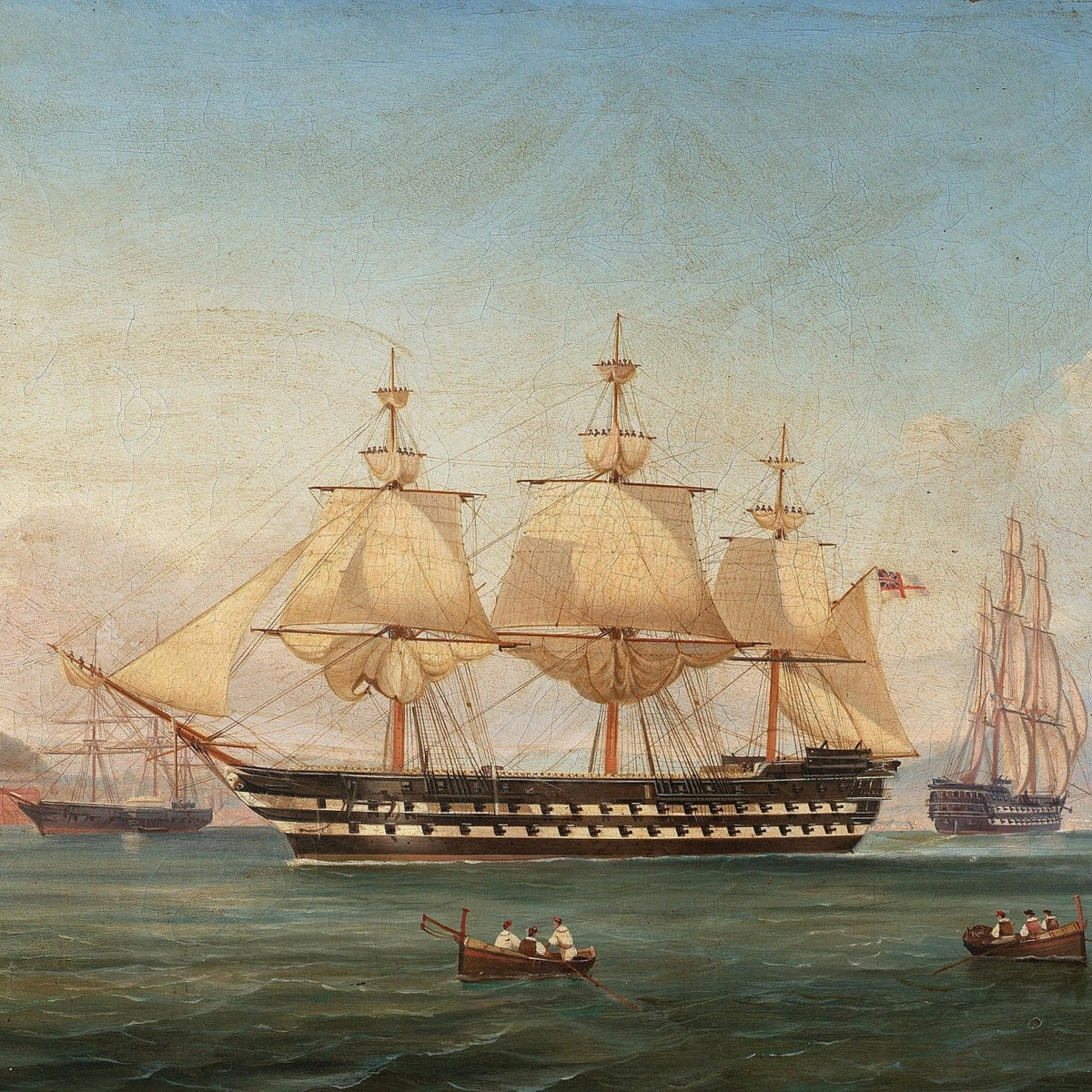 Hand-painted majestic warship and harbor rowboats nautical oil painting on canvas