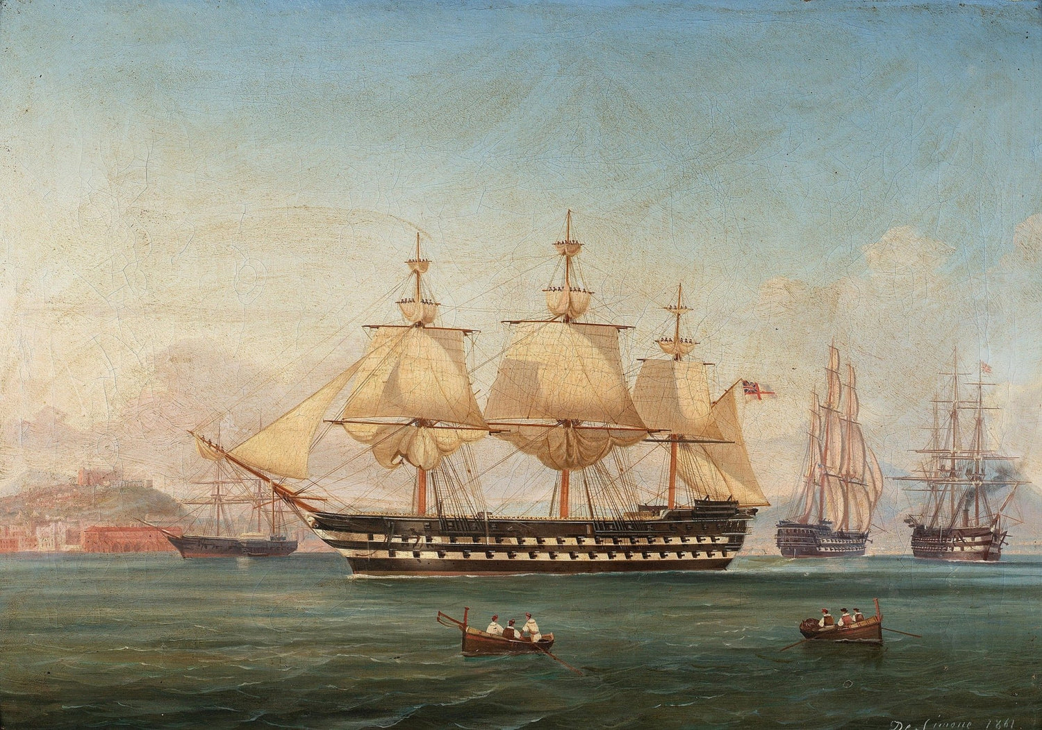 Hand-painted majestic warship and harbor rowboats nautical oil painting on canvas