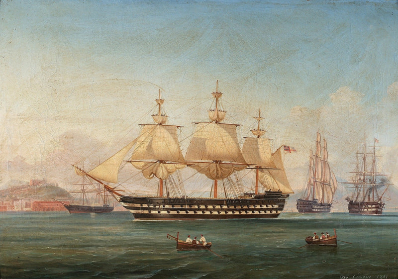 Hand-painted majestic warship and harbor rowboats nautical oil painting on canvas