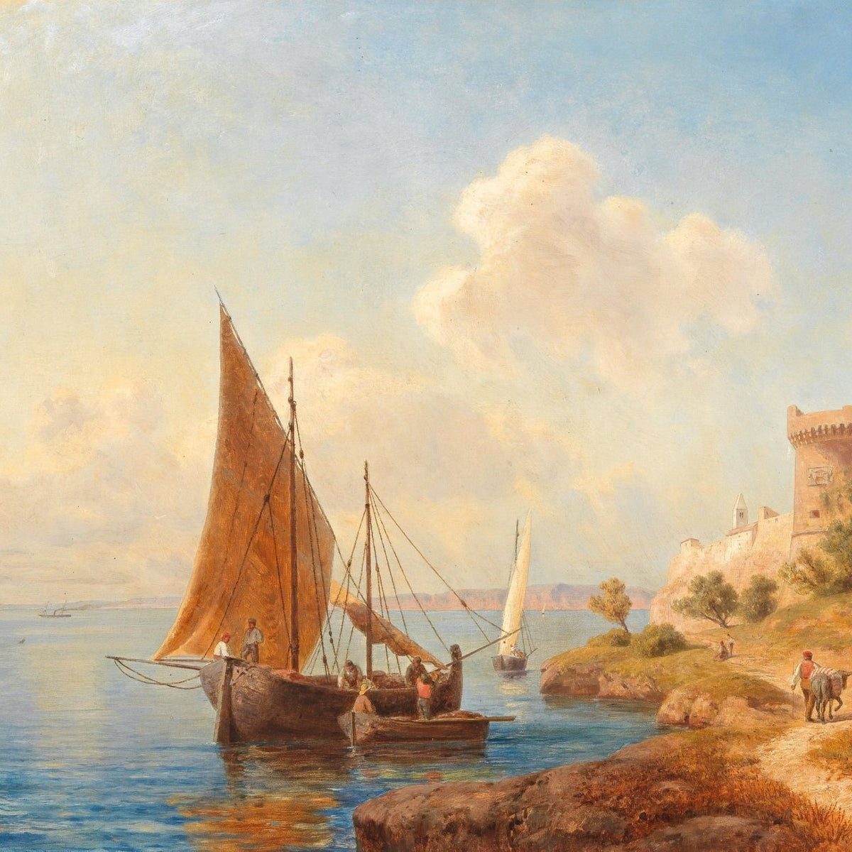 Hand-painted mediterranean coastal harbor, boats nautical oil painting on canvas