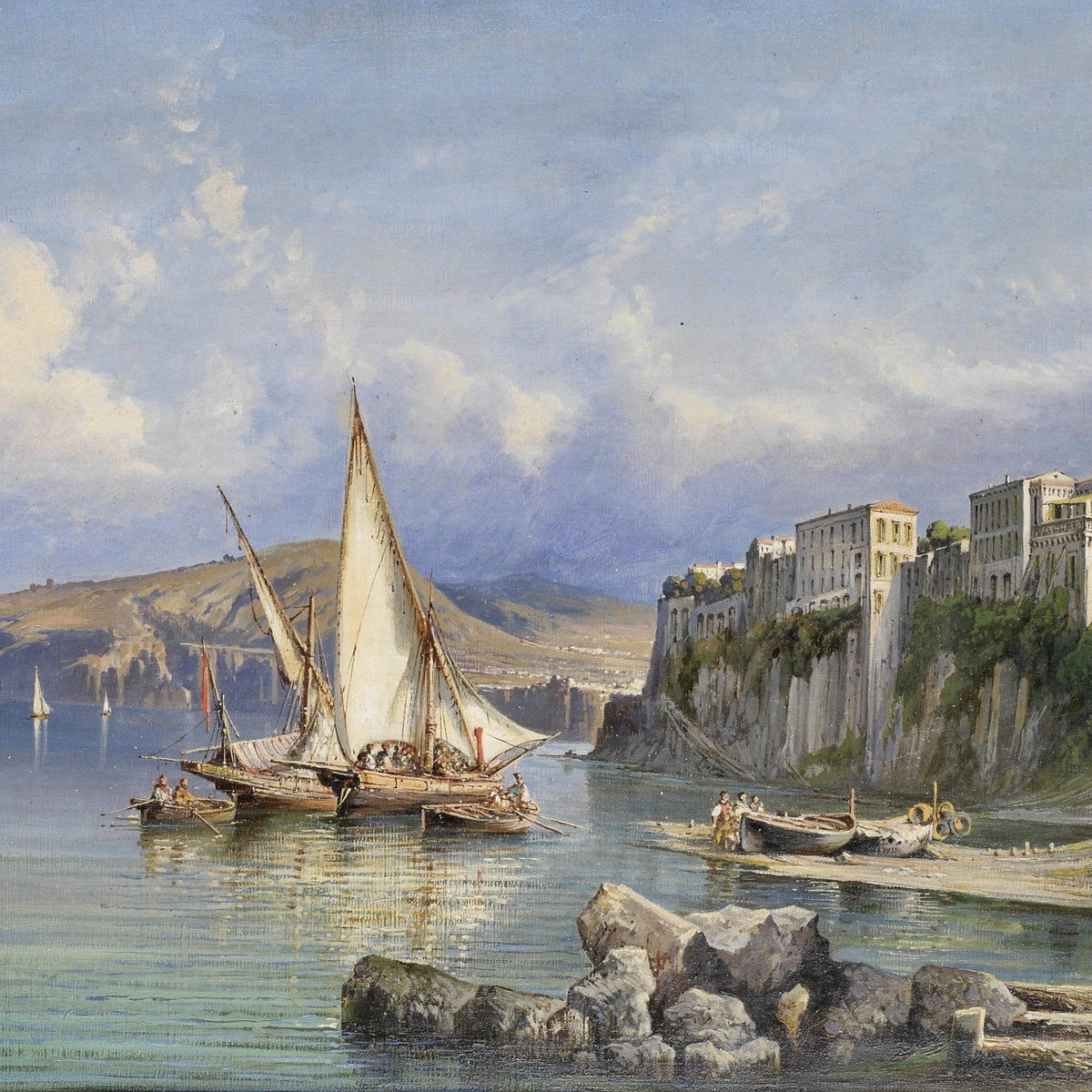 Hand-painted mediterranean coastal harbor nautical oil painting on canvas