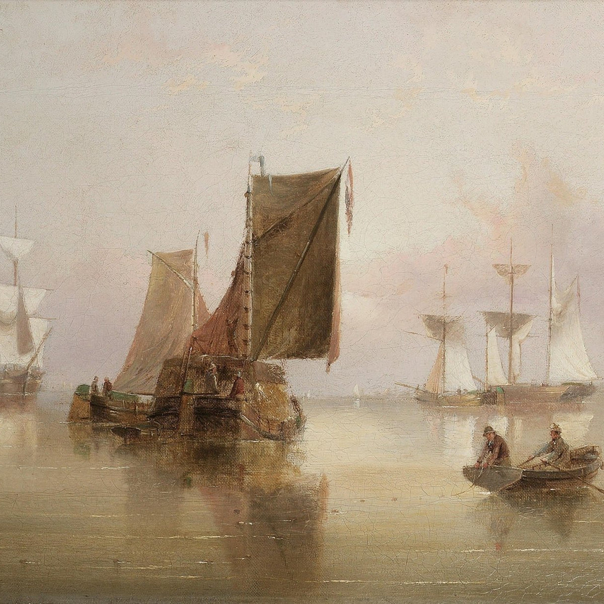 Hand-painted misty harbor boats and sailing ships nautical oil painting on canvas