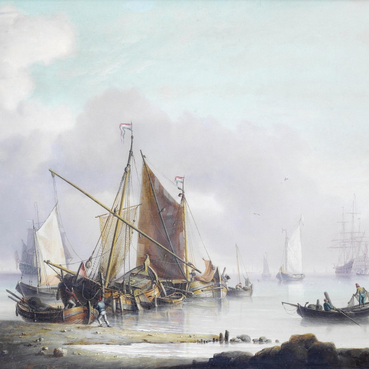Nautical Oil Paintings - Misty Harbor with Fishing Boats at Dawn - Oil Painting Haven