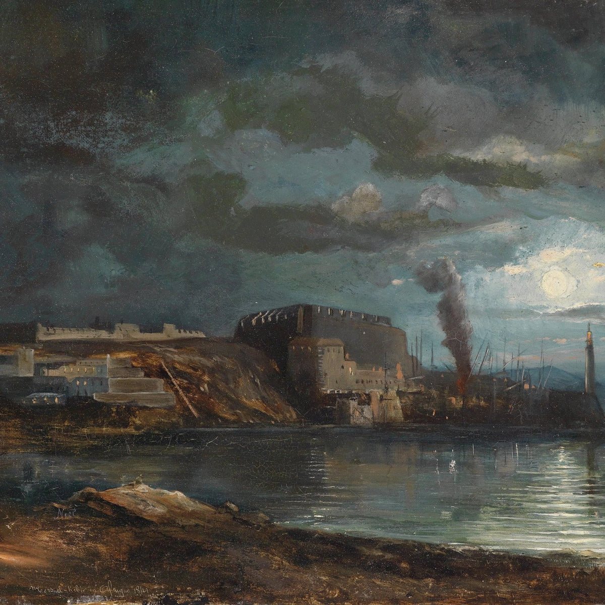 Hand-painted moonlit coastal harbor nautical oil painting on canvas