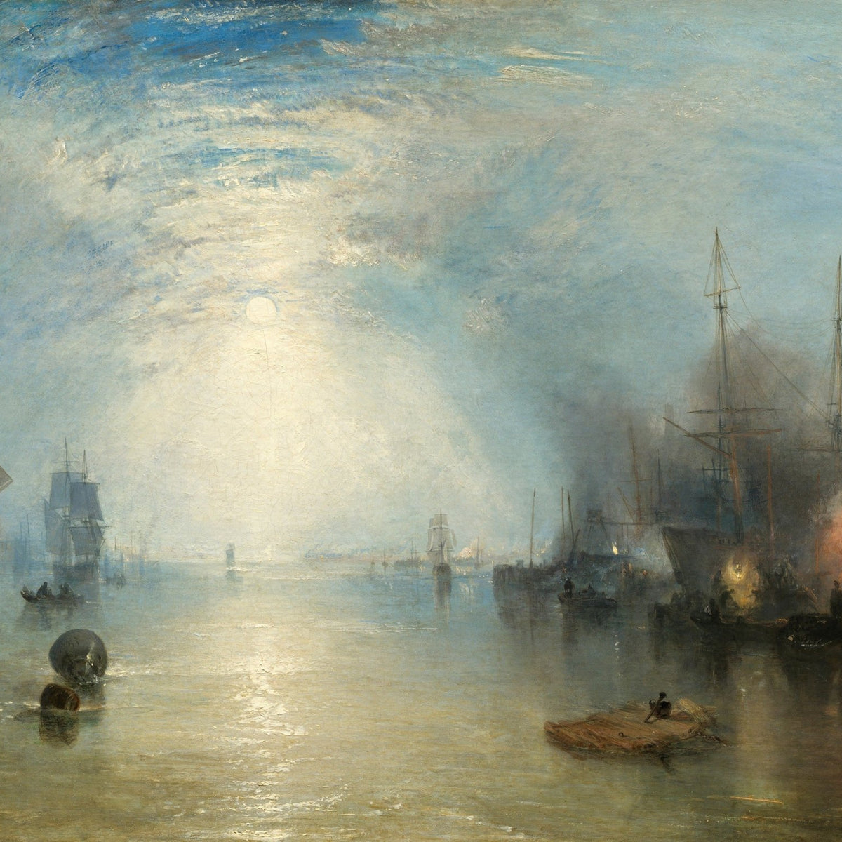 Nautical Oil Paintings - Moonlit Harbor Ships and Reflections - Oil Painting Haven
