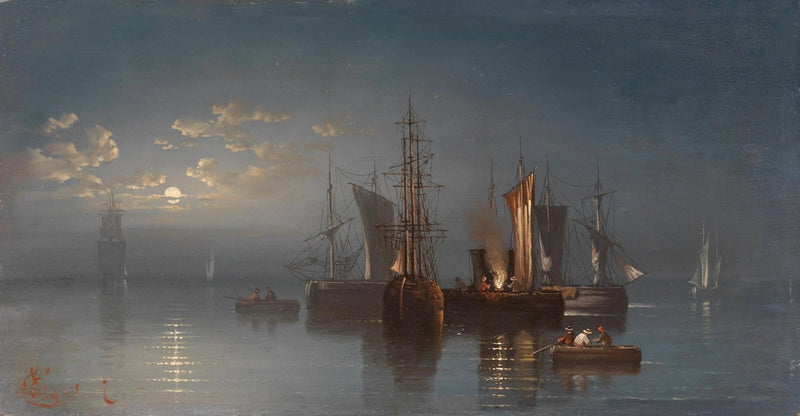 Nautical Oil Paintings - Moonlit Harbor with Ships - Oil Painting Haven