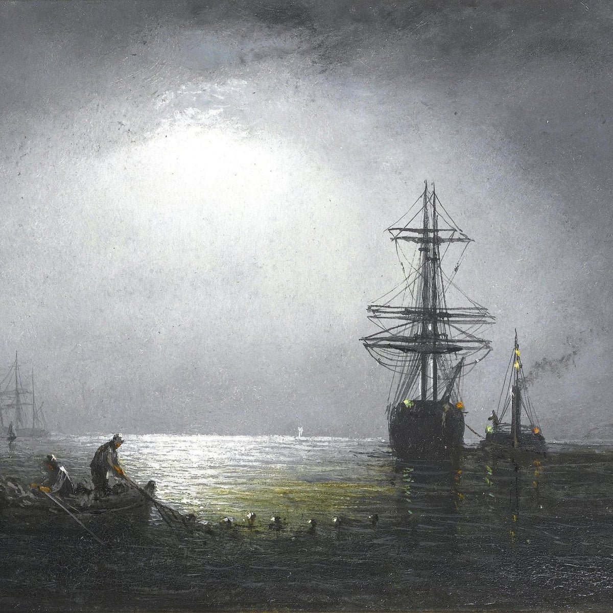 Nautical Oil Paintings - Moonlit Harbor with Tall Ship at Anchor - Oil Painting Haven