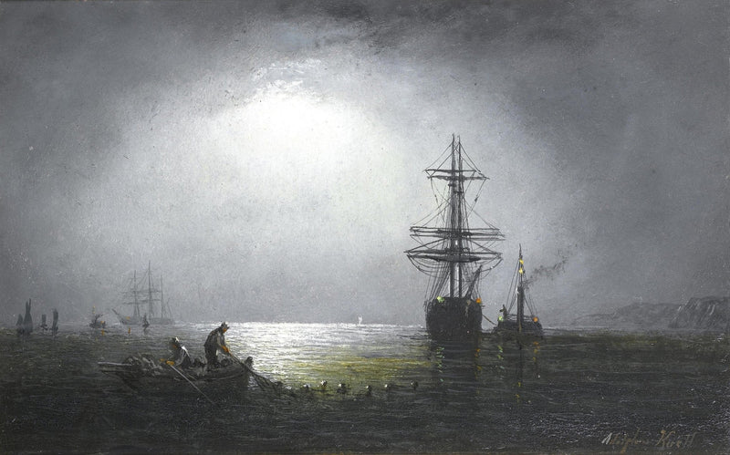 Nautical Oil Paintings - Moonlit Harbor with Tall Ship at Anchor - Oil Painting Haven