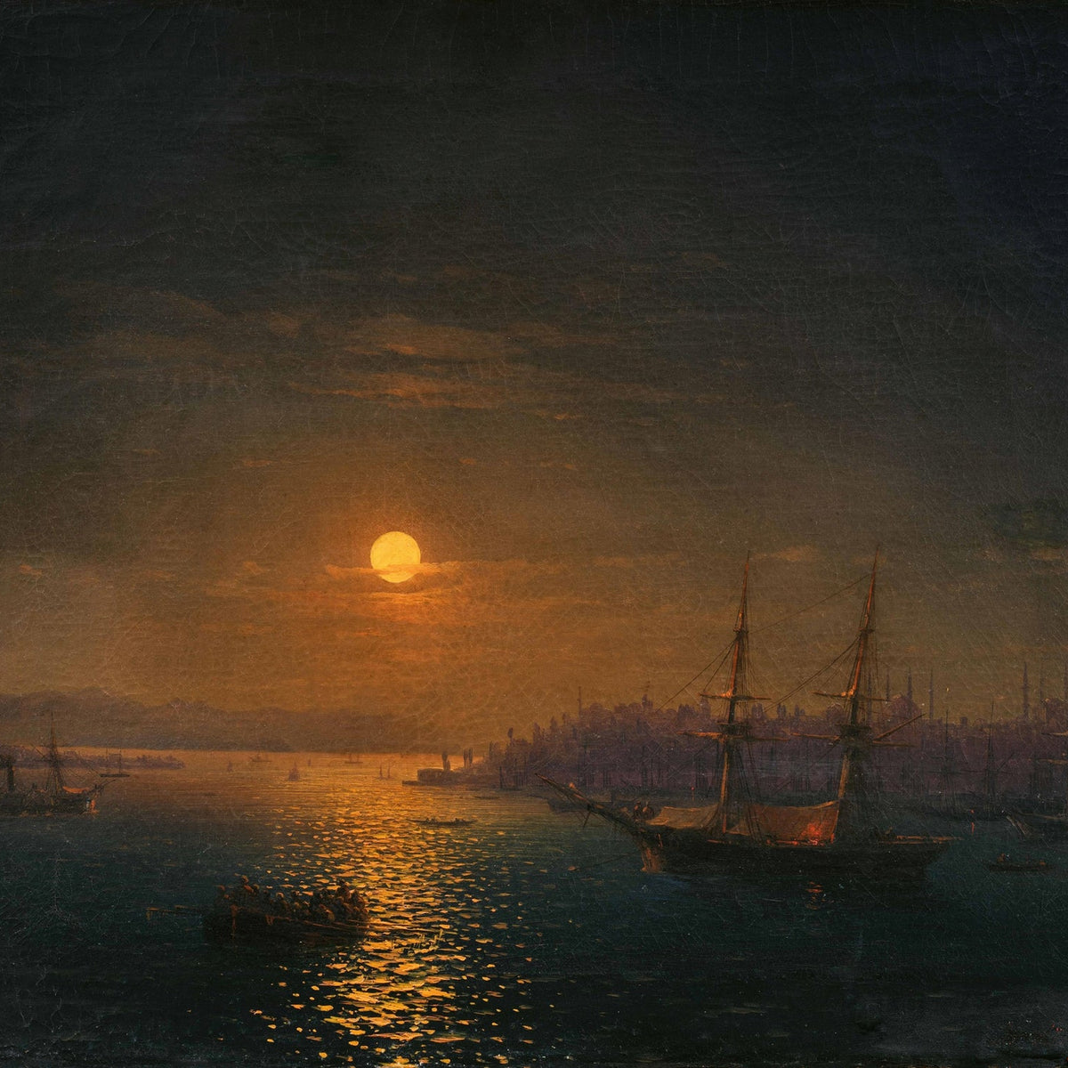 Hand-painted moonlit harbor with tall ships, city nautical oil painting on canvas