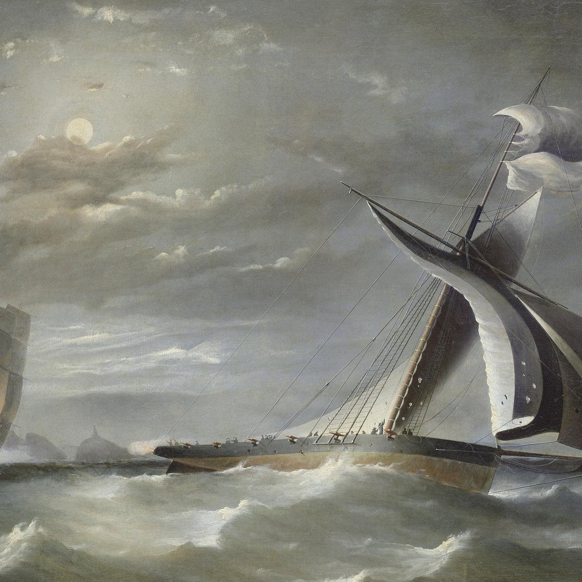 Nautical Oil Paintings - Moonlit Racing Yacht on Rough Sea - Oil Painting Haven