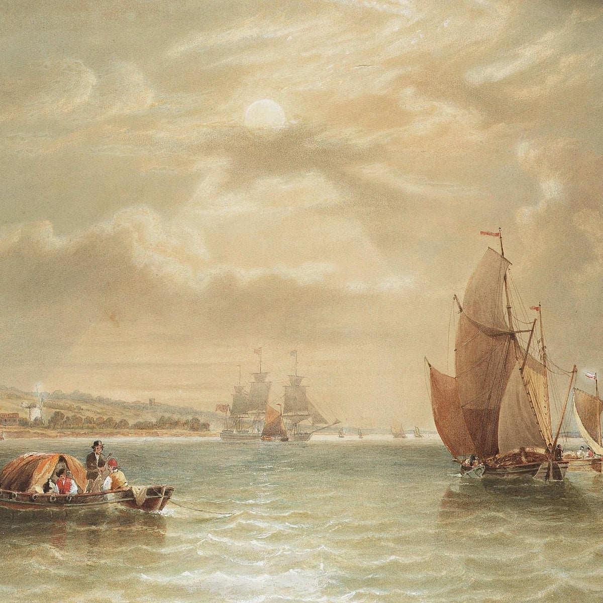 Hand-painted moonlit sailboats and skiff on quiet sea nautical oil painting on canvas
