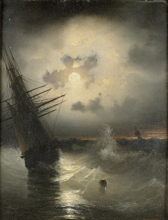 Nautical Oil Paintings - Moonlit Sailing Ship and Breaking Waves - Oil Painting Haven