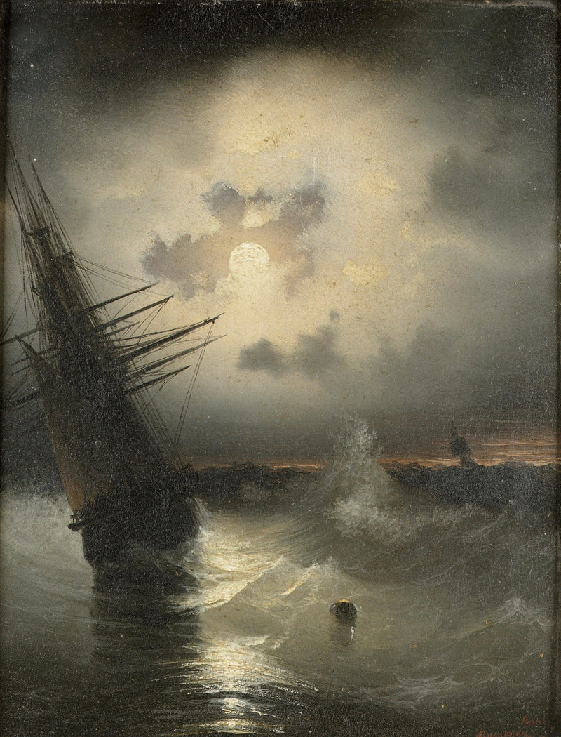 Nautical Oil Paintings - Moonlit Sailing Ship and Breaking Waves - Oil Painting Haven