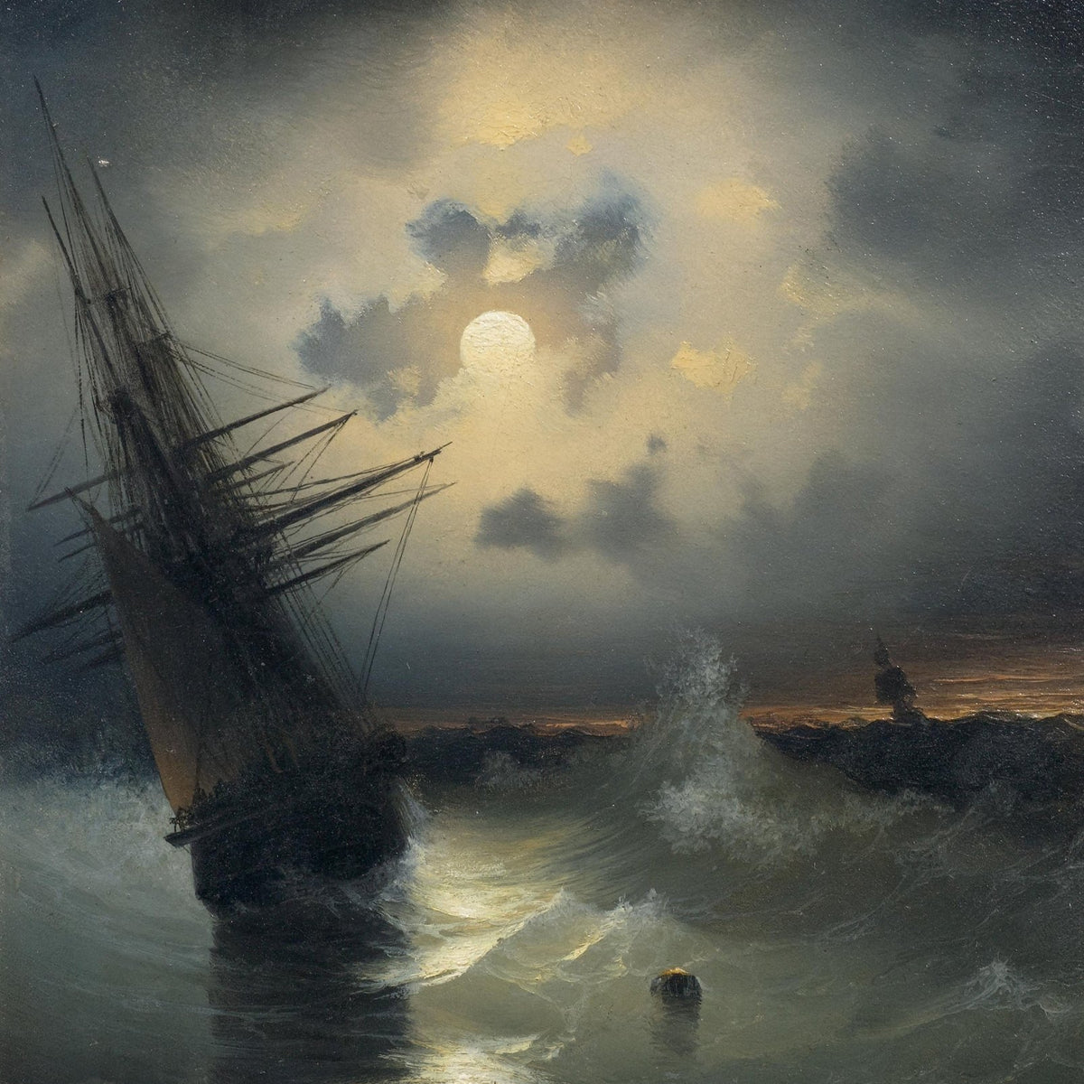 Hand-painted moonlit sailing ship and breaking waves nautical oil painting on canvas