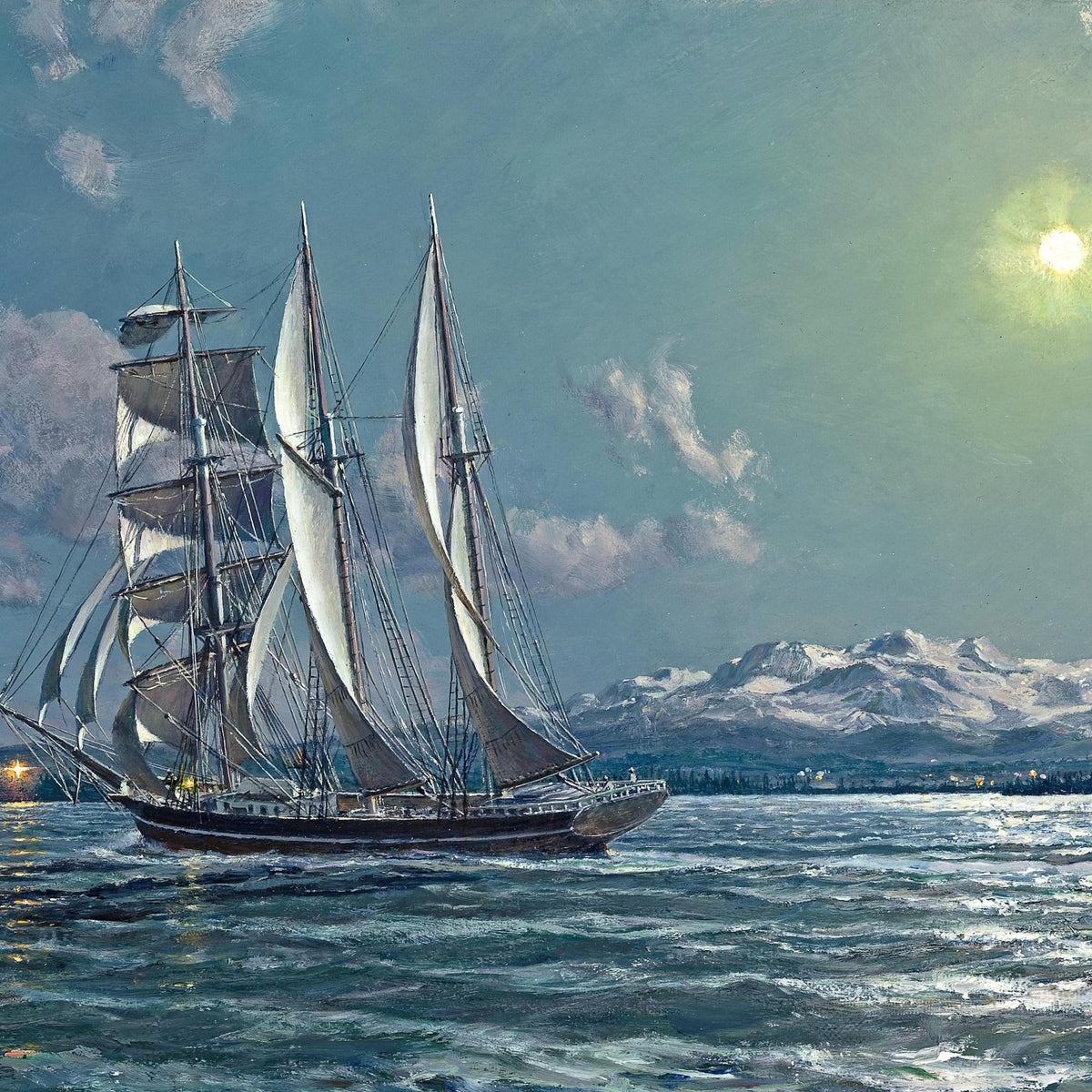 Nautical Oil Paintings - Moonlit Schooner by Snowy Mountains - Oil Painting Haven