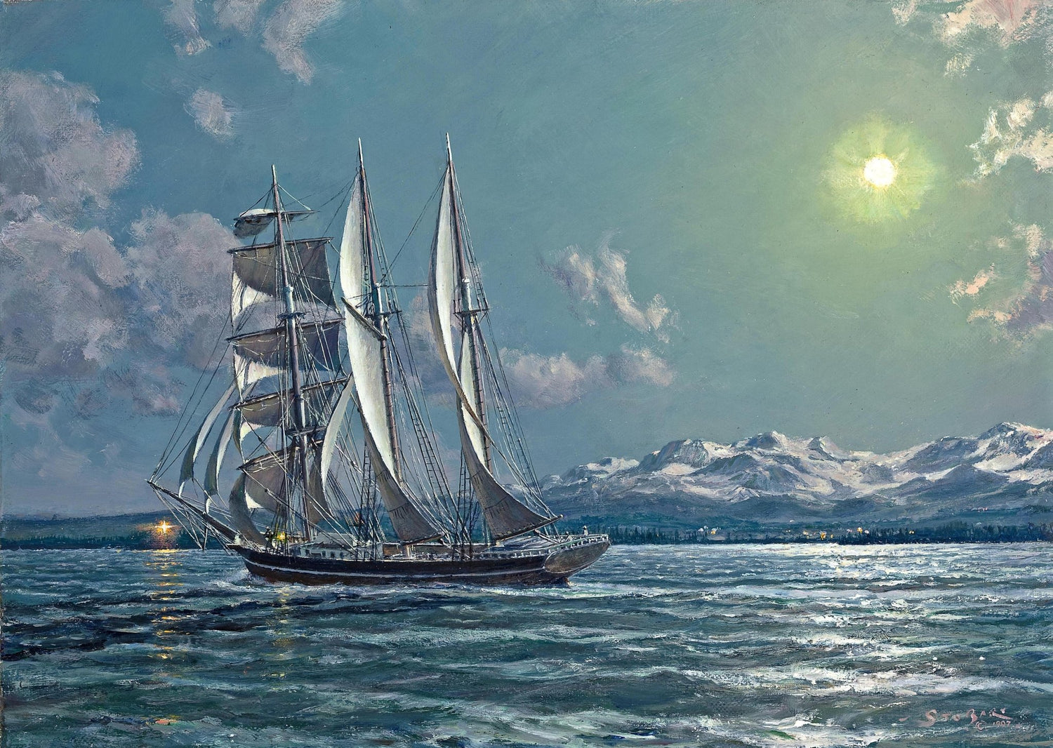 Hand-painted moonlit schooner by snowy mountains nautical oil painting on canvas