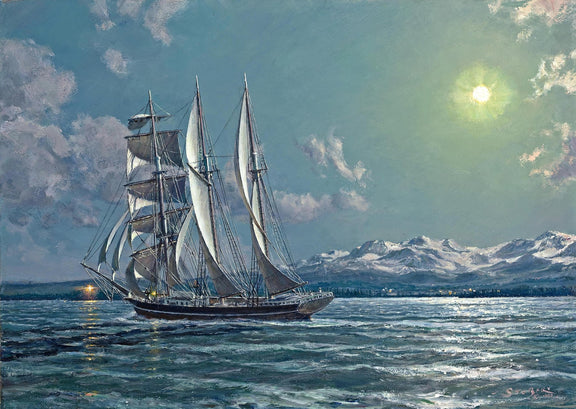 Nautical Oil Paintings - Moonlit Schooner by Snowy Mountains - Oil Painting Haven