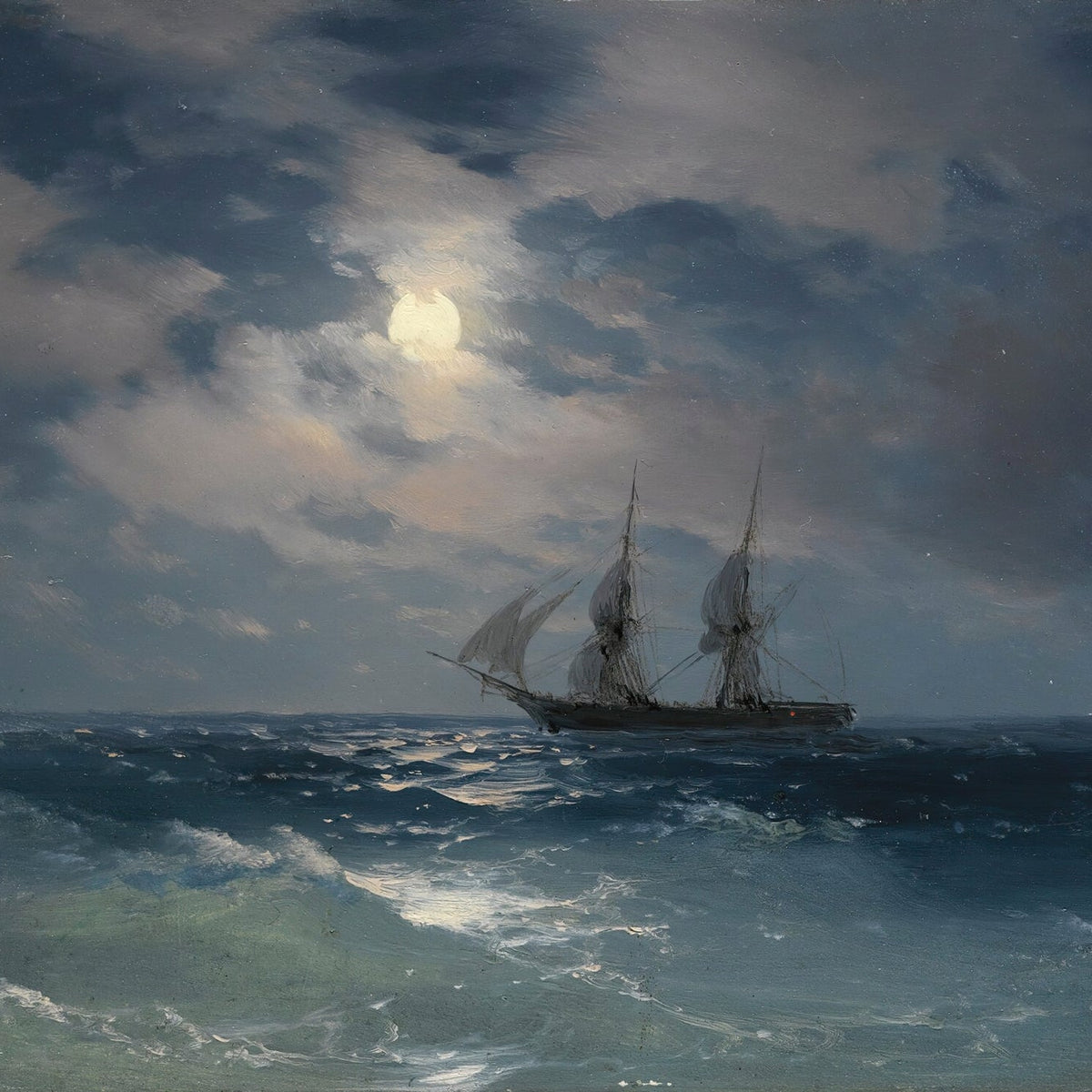 Hand-painted moonlit ship at sea nautical oil painting on canvas