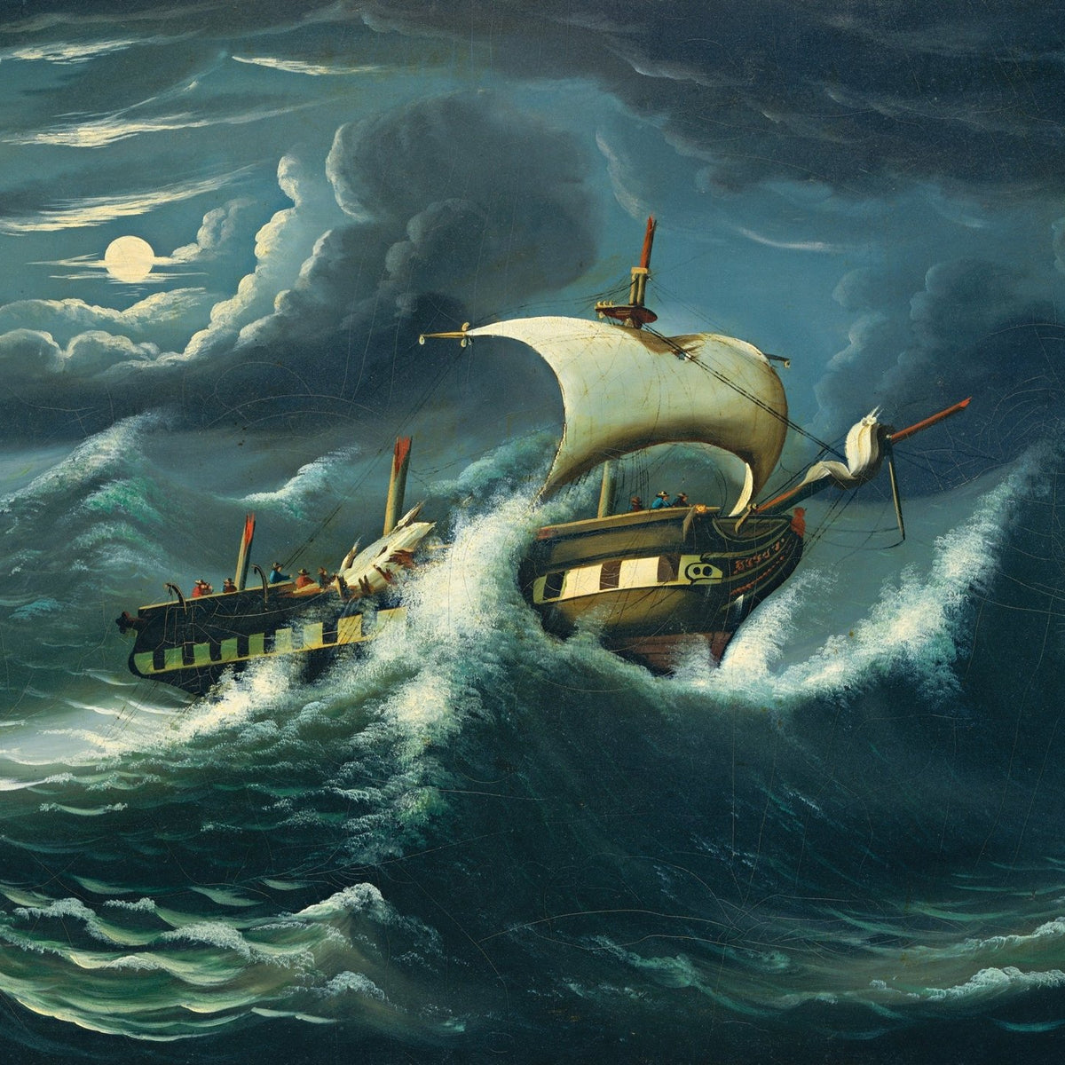 Hand-painted moonlit ship in stormy sea waves nautical oil painting on canvas
